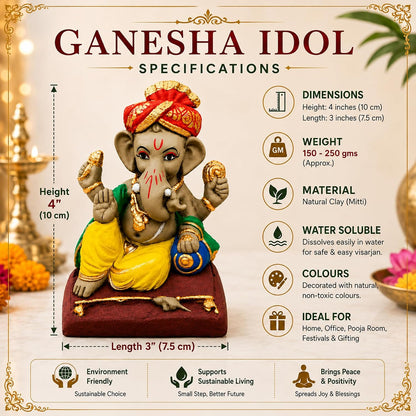 SHOPMEFAST Clay Ganesh Idol, 4 Inches Height, Water Soluble Ganpati Murti for Ganpati Visarjan (Small) (Multicolor - Pagri Ganesha)
