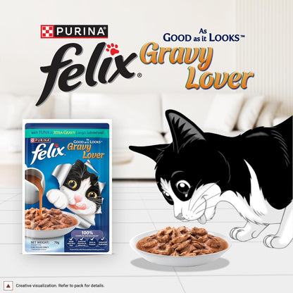 Purina Felix Tuna Gravy Lover, Wet Food for Adult Cats, 70g Pouch | With Tuna in Gravy, Tasty Meaty Chunks, 100% Complete & Balanced Nutrition, Vitamins D & E, Omega 6, Essential Minerals