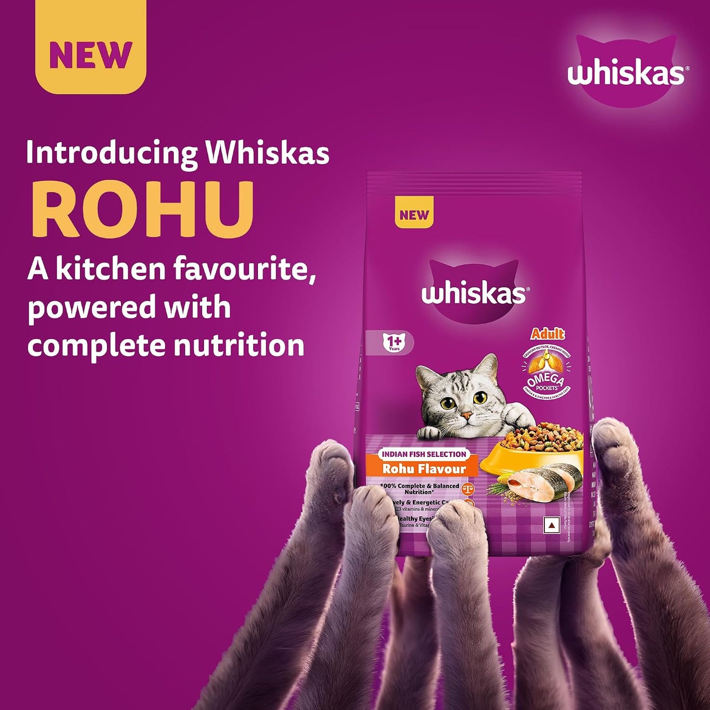 Whiskas Adult (1+ Years) Dry Cat Food, Rohu Fish Flavour, 1.2 kg, Powered with 40 Essential Nutrients, Complete & Balanced Nutrition for Adult Cats