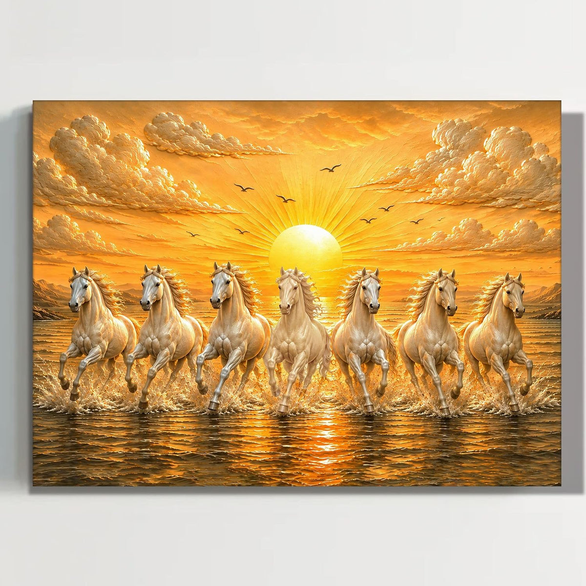 7 White Running Horses Canvas Painting For Living Room | Seven Running Horses Vastu Painting For Bedroom, Home & Office, Stretched Canvas, 16x22 Inch