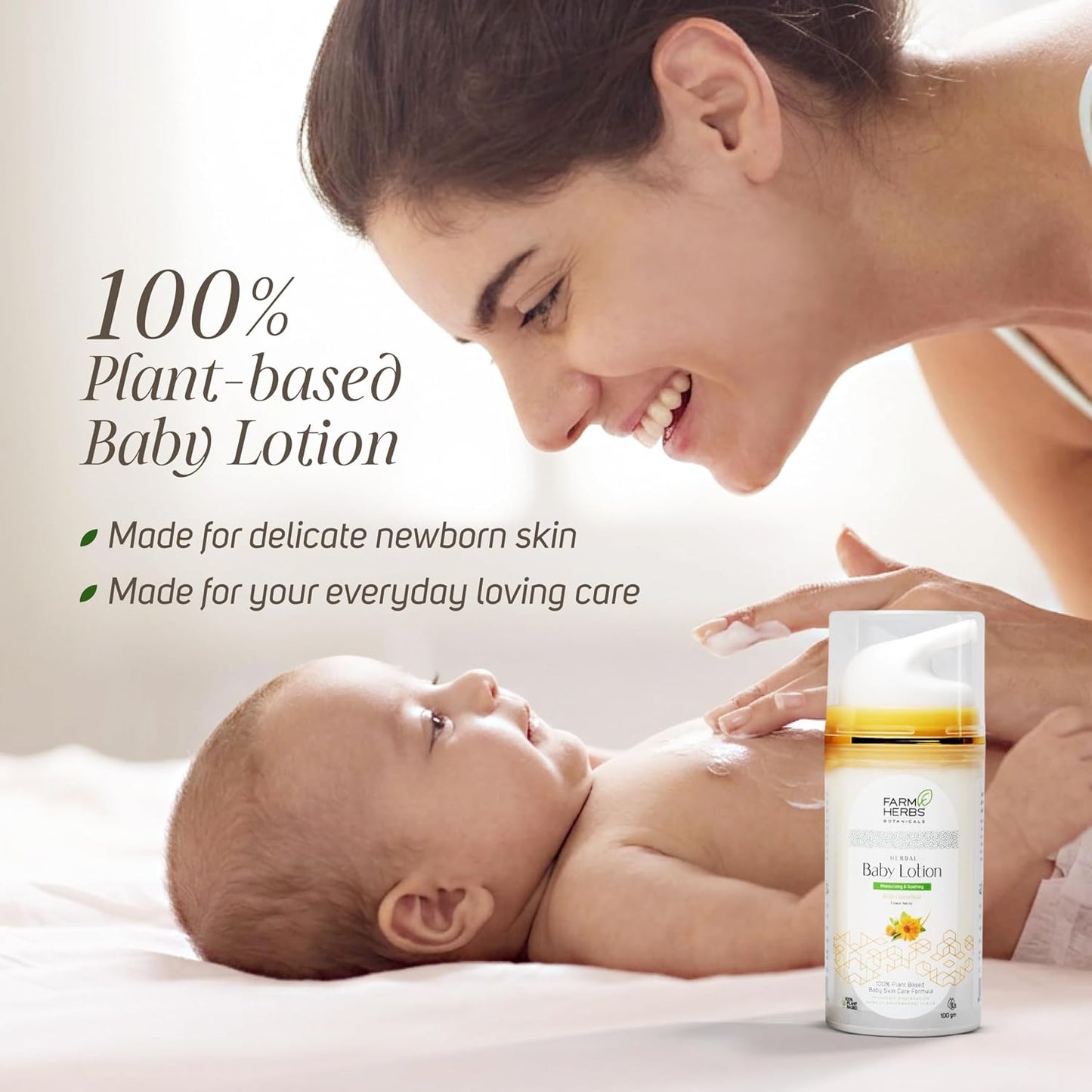 Farmherbs 100% Herbal All Natural Gentle Baby Lotion - Moisturizing and Soothing, pH-Balanced, Non-greasy and Fast absorbing, Based on Nalpamaradi Thaila, Botanical Hyaluronic Acid, Vitamin E, Aloe Vera 100% Safe lotion for Newborn Baby - 100g