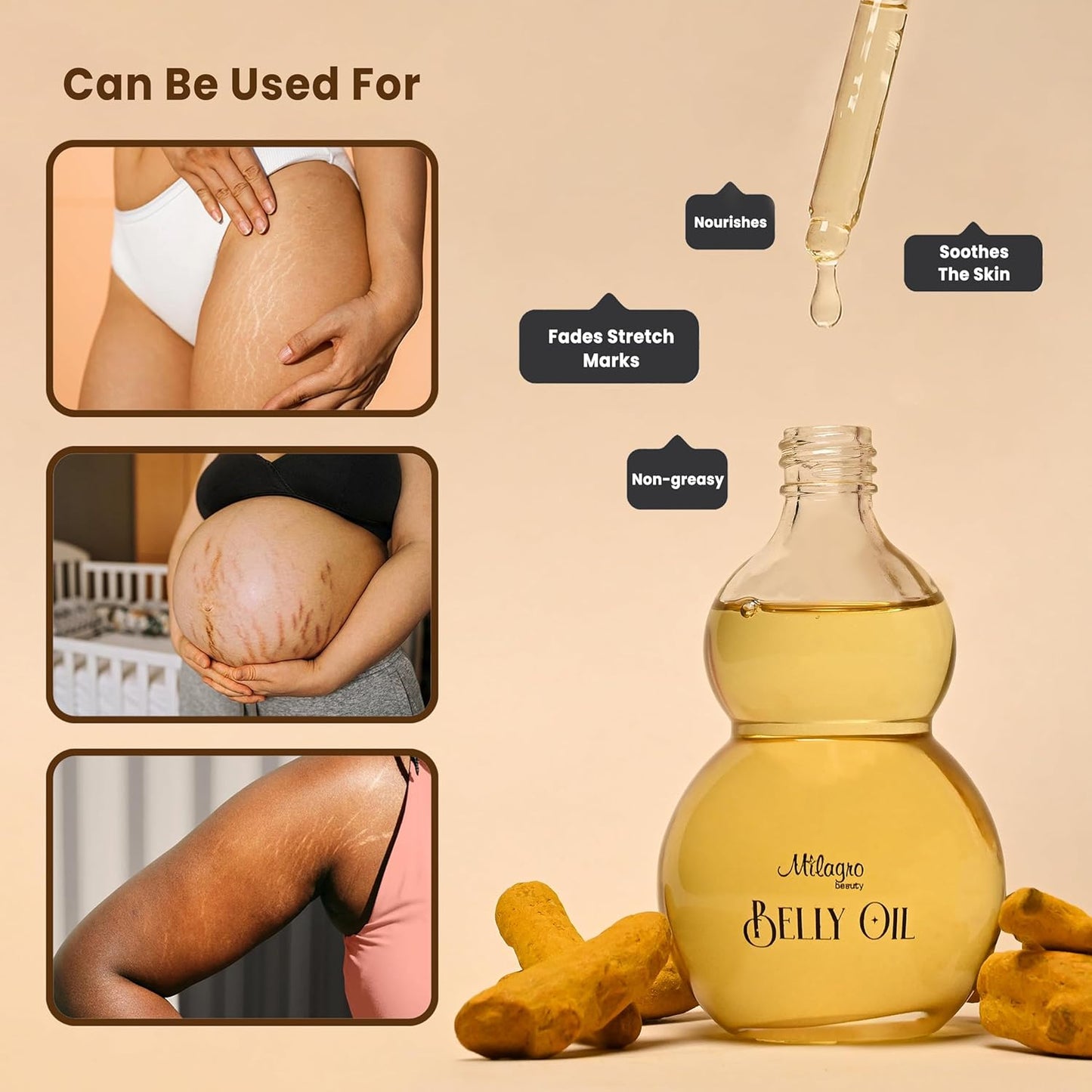 Belly oil bottle with images of its use on skin and turmeric roots on a beige background