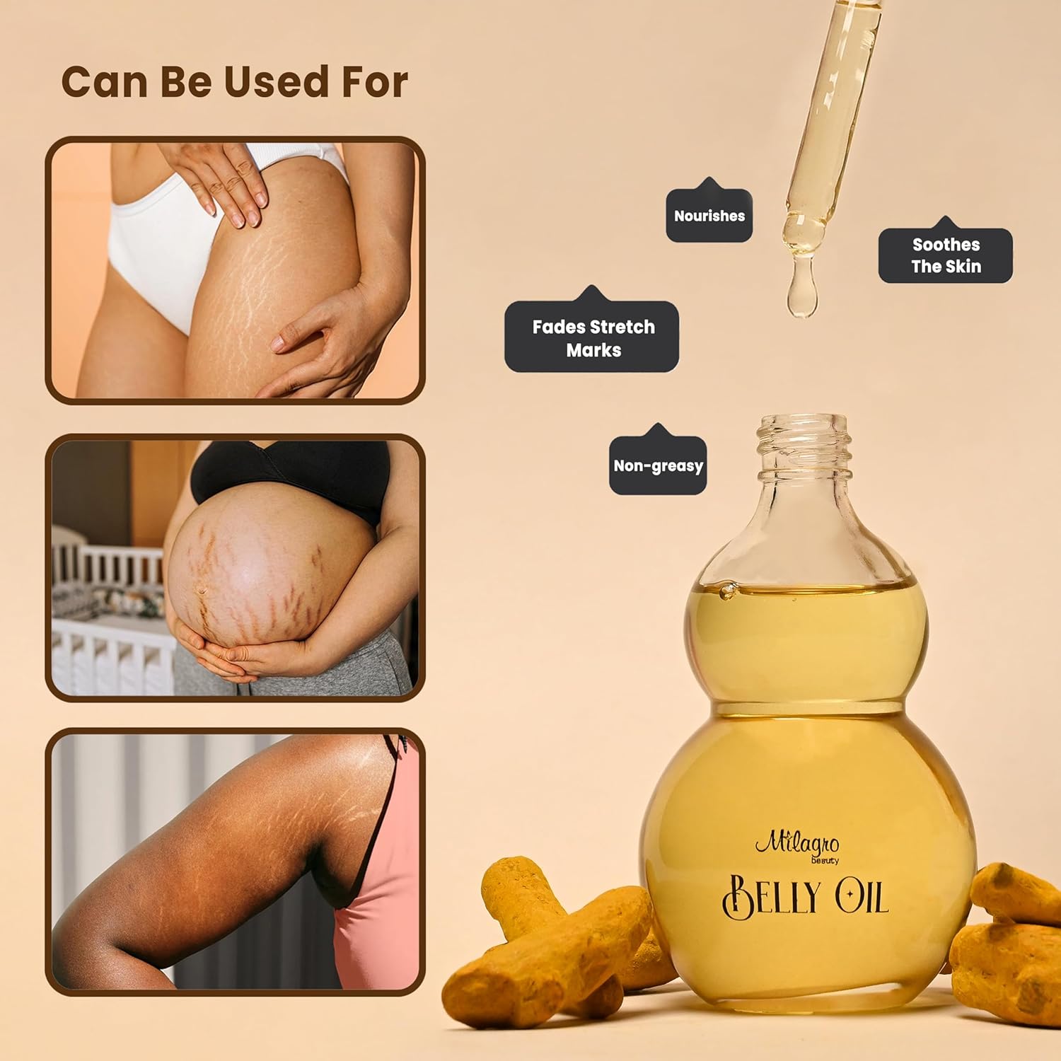 Belly oil bottle with images of its use on skin and turmeric roots on a beige background