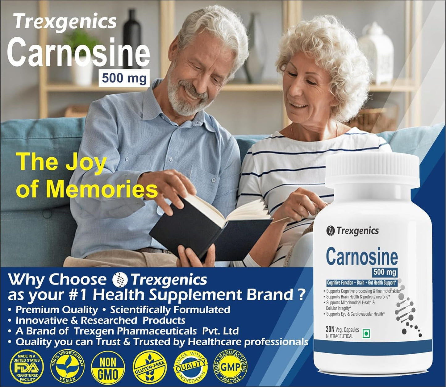 Trexgenics L-CARNOSINE 500 mg ADHD, ADD Care, Cognitive Function, Brain & Gut Health Support (30 Veg Capsules) (Pack of 1)