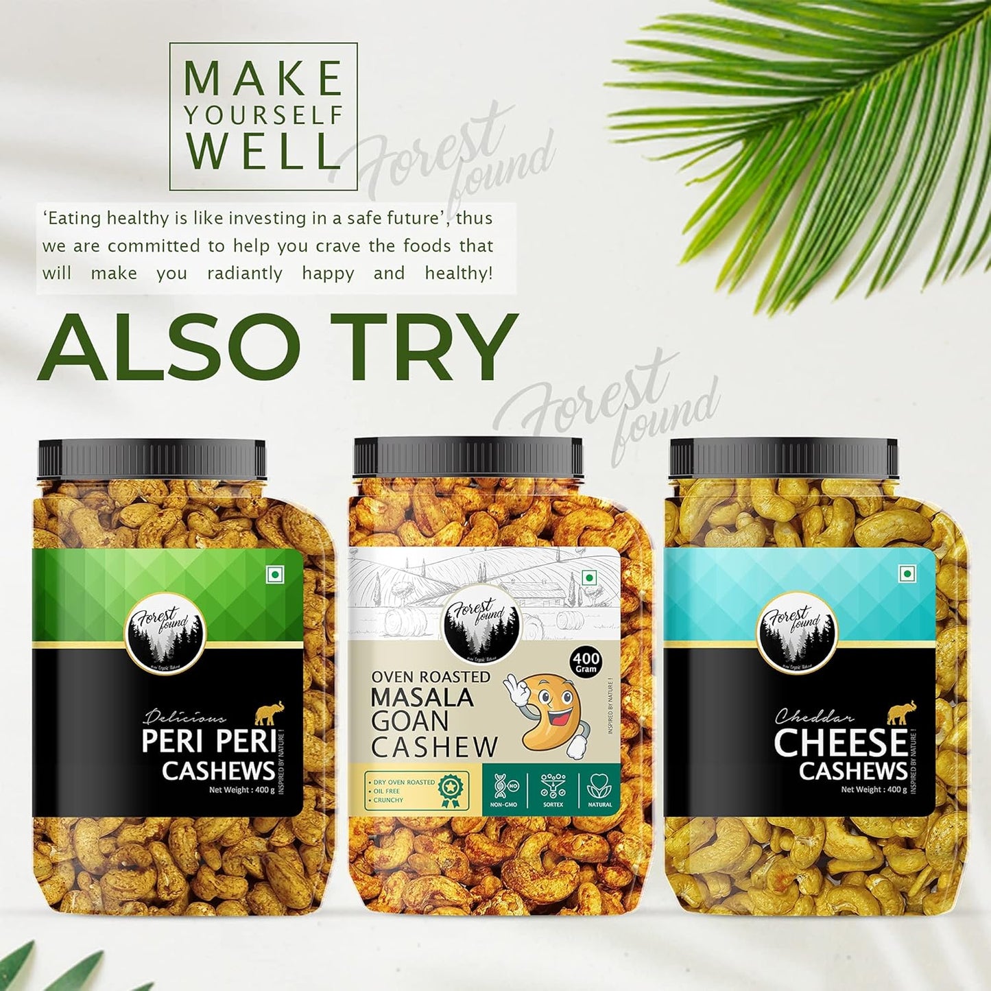Forest Found Schezwaan Cashews 400g | Dry Oven Roasted & Salted Kaju | Zero Oil & Non-Fried Crunchy Nut Snack | Low Sodium & Protein-Rich | Spicy Flavored Premium Whole Cashews