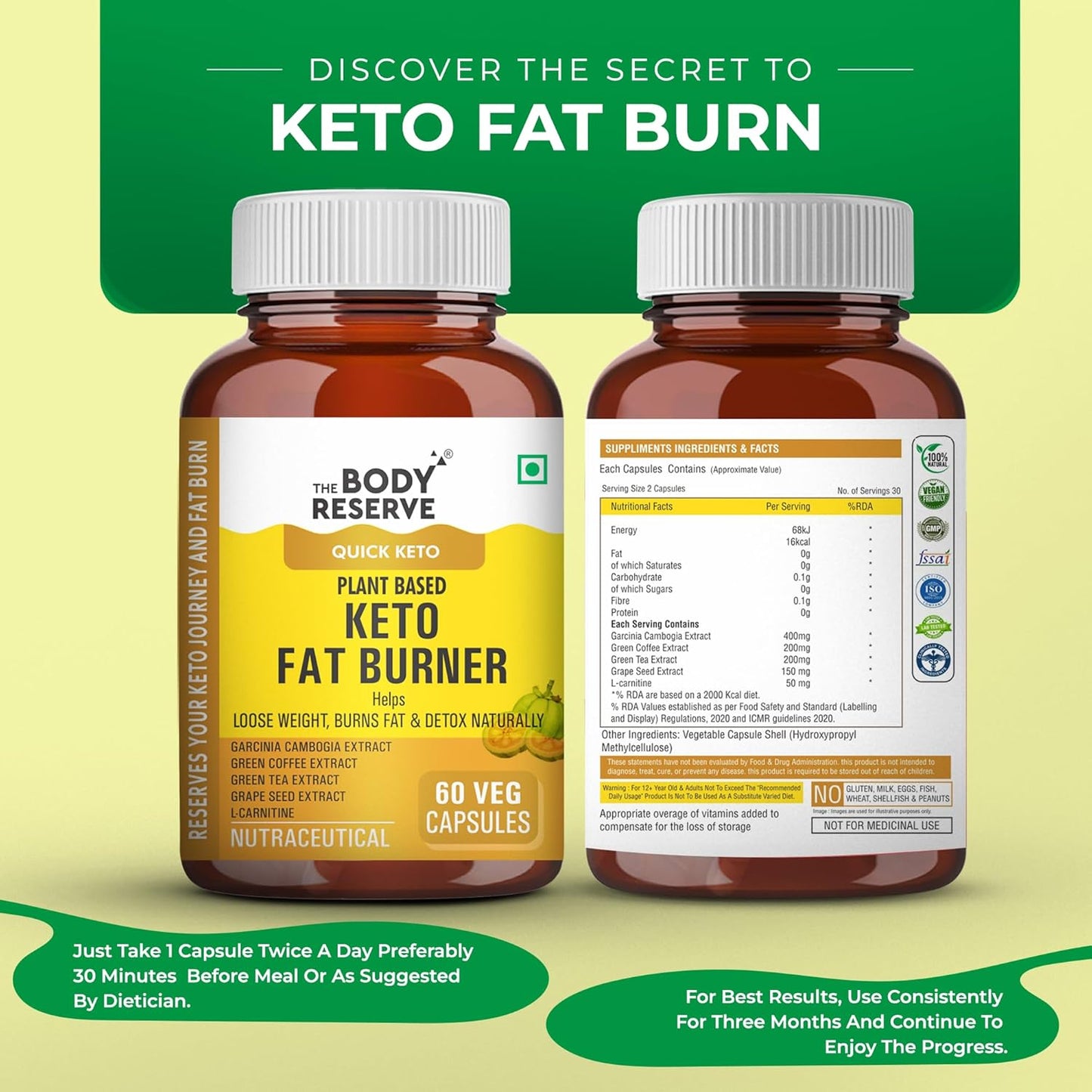 Two bottles of Body Reserve Keto Fat Burner on a green and yellow background