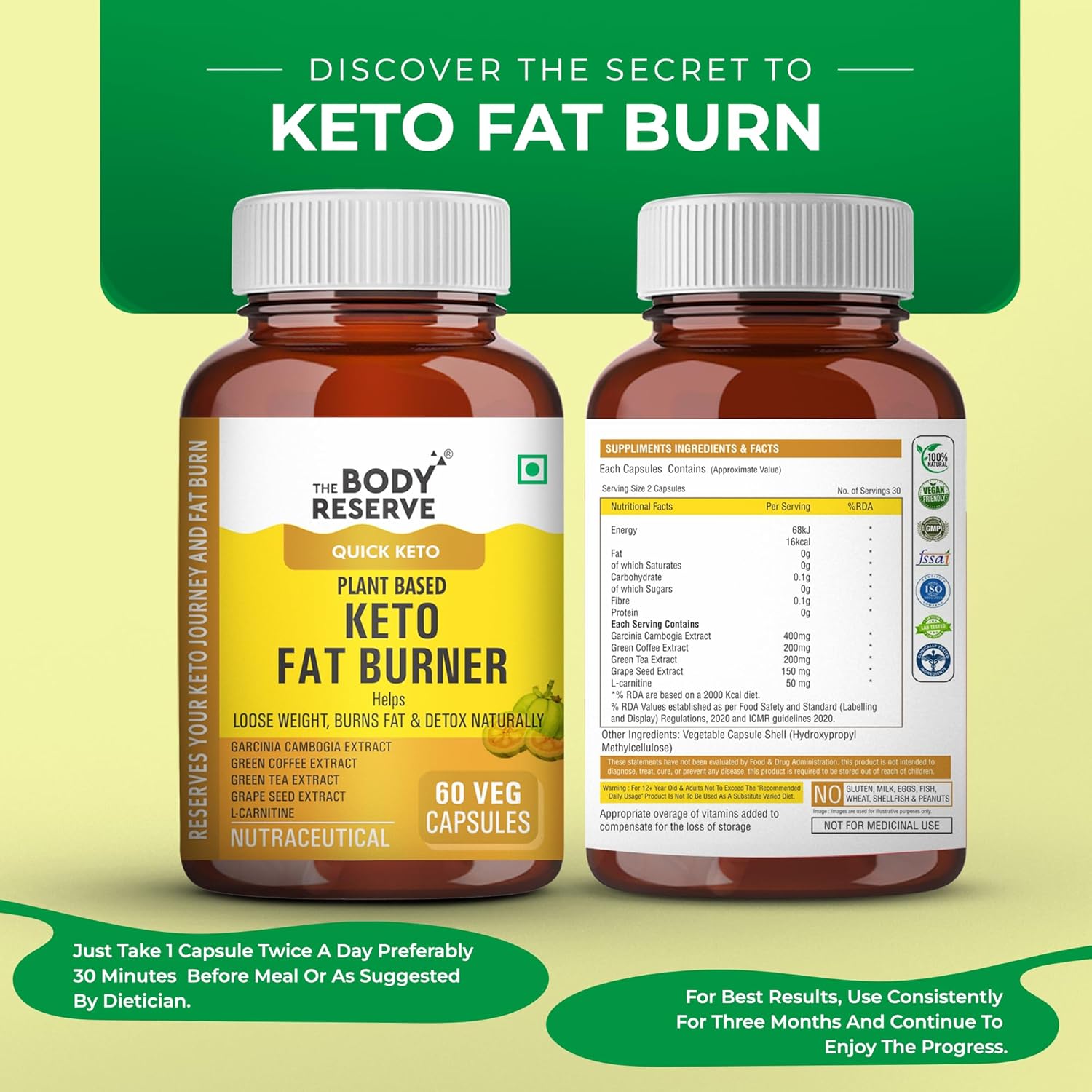 Two bottles of Body Reserve Keto Fat Burner on a green and yellow background
