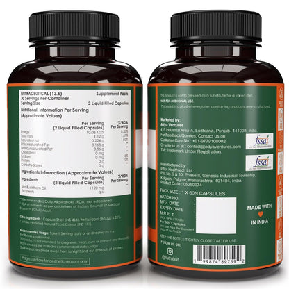 Nutrabud Himalayan Sea Buckthorn Berry Oil -1120mg per serving - Cold-Pressed Vegetarian Omega 3,6,7,9 Oil for Skin Glow, Immunity & Gut Health Supplement (60 Count (Pack of 1), Unflavoured)