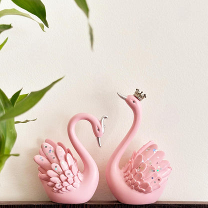 Lucky Swan Couple Crystal Wings showpiece for Home Living Room Decor | Romantic Love Bird Couple Gift for Valentine, Anniversary, Birthday (Set of 2 Pc) (Pink) (Small)