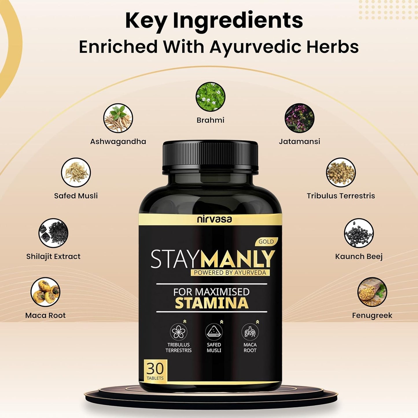 Nirvasa StayManly Gold Tablets (30 Tabs) | Ayurvedic Strength, Stamina & Performance Booster | Boosts Energy, Endurance & Vitality | Tribulus Terrestris, Ashwagandha, Safed Musli & Shilajit