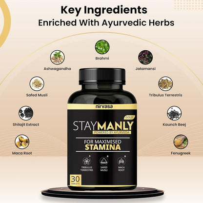 Nirvasa StayManly Gold Tablets (30 Tabs) | Ayurvedic Strength, Stamina & Performance Booster | Boosts Energy, Endurance & Vitality | Tribulus Terrestris, Ashwagandha, Safed Musli & Shilajit