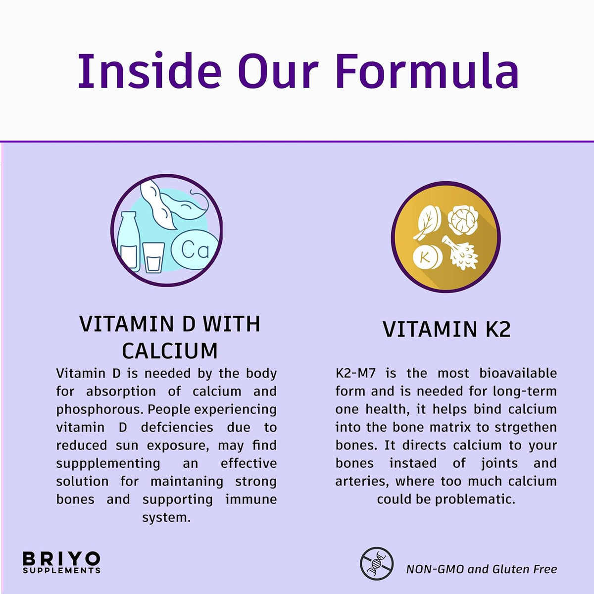 Supplement formula infographic with Vitamin D and Calcium on one side and Vitamin K2 on the other, featuring Briyo Supplements branding.