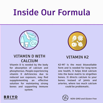 Supplement formula infographic with Vitamin D and Calcium on one side and Vitamin K2 on the other, featuring Briyo Supplements branding.