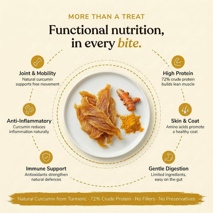 Whisker and Wilde Dehydrated Chicken Jerky | Cat Treats | Natural Immune Support with Turmeric | Anti-Inflammatory | Training and Reward | Dental Chew | No Preservatives | All Life Stages | 70g
