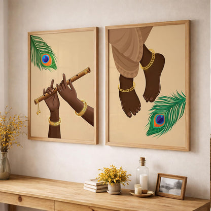 Krishna Flute Hands Charan Feet Wall Art Painting | Set of 2 Framed Paintings | Spiritual Decor for Living Room Mandir Pooja Room Bedroom | (ART 6, 13x19 INCHES)
