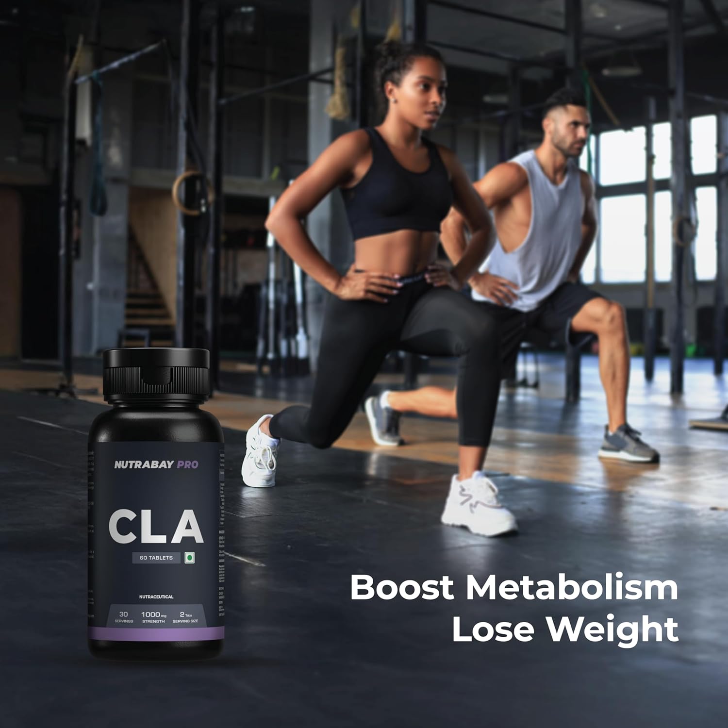 Two people exercising in a gym with a bottle of CLA supplement in the foreground.