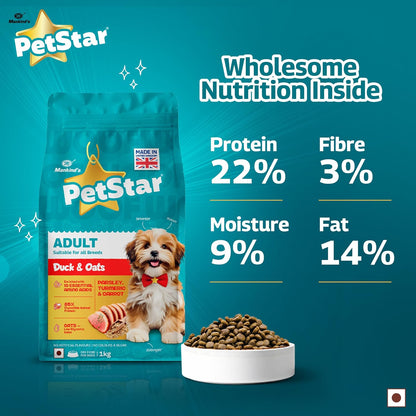 Petstar Adult Dry Dog Food 1 kg, Duck & Oats, High Protein, Easy Digestion, Immunity Support, No Artificial Flavours or Added Sugar