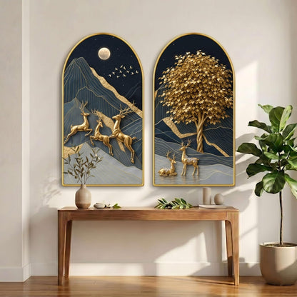 Set of 2 Golden Deer Wall Painting for Living Room, Moon Mountain Modern Artwork, PVC Golden Frame, Arch Shape Wall Decor for Bedroom, Hall, Office & Gift (30 x 32 Inch) RPNL-02-119