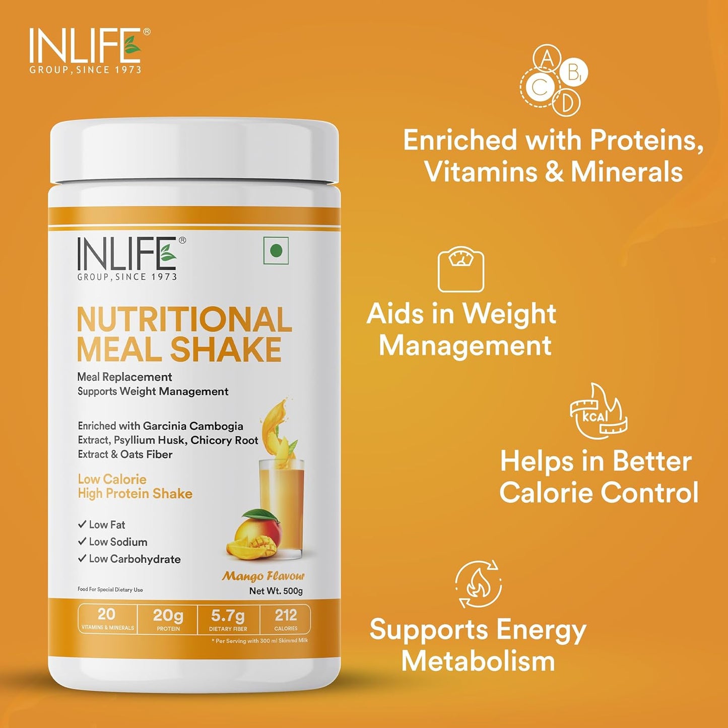 INLIFE Meal Replacement Shake | Nutritional Meal Protein Shake | Sugar Free, 20g Protein, 5g Fiber, 207 Calories, 500g (Mango)