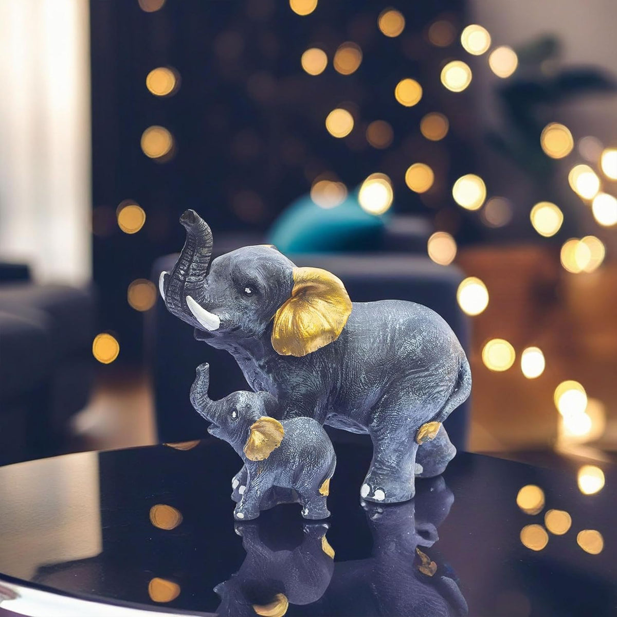 Polyresin 6" Elephant with Baby Statue for Home Decor – Vastu & Feng Shui Good Luck Symbol – Decorative Showpiece for Entryway, Living Room, Office, Gift (Black)