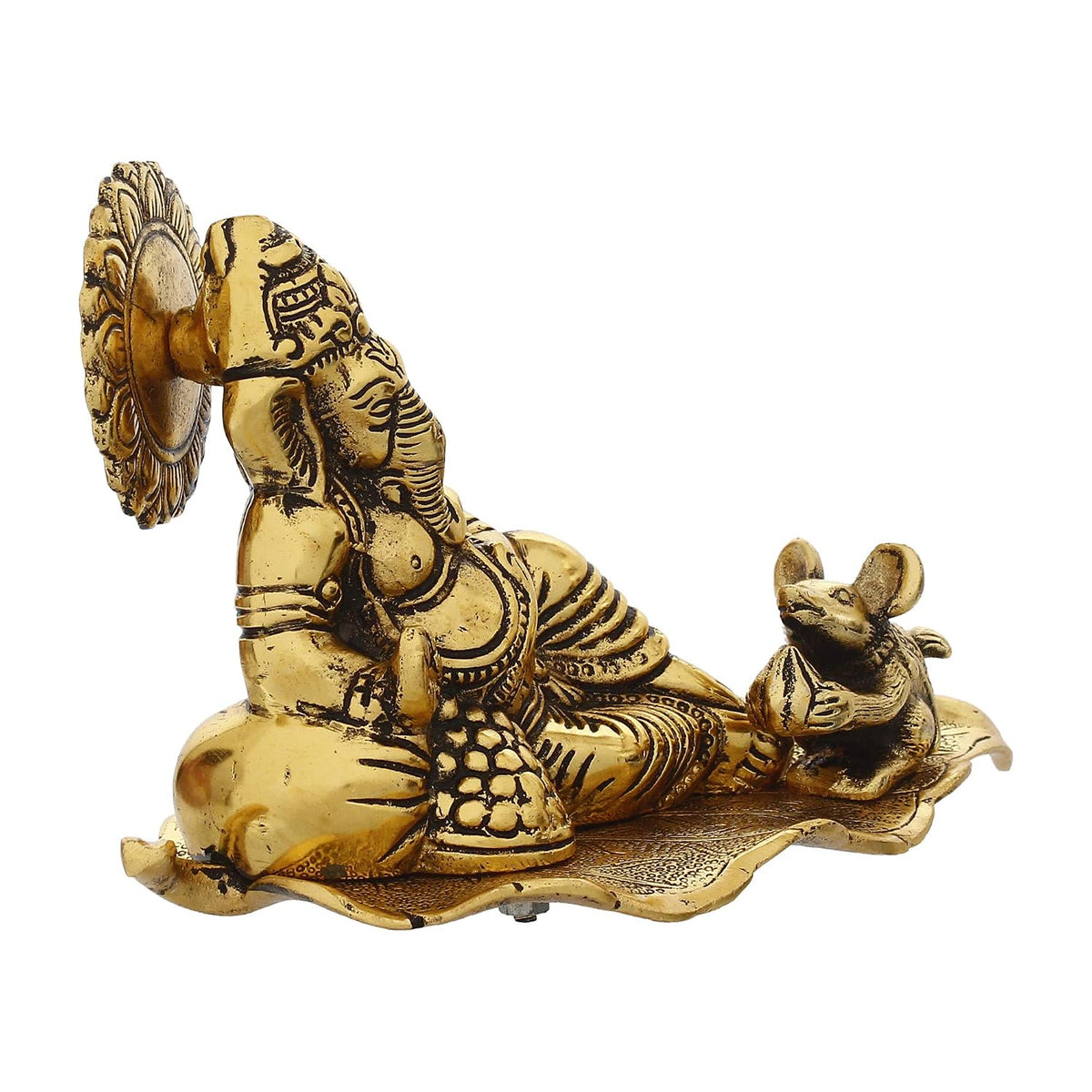 Golden Metal Lord Ganesha Statue Sitting On a Leaf with Mouse | Ganesha Idol for Home Decor Car Dashboard | Ganpati Murti Gift for Diwali Housewarming
