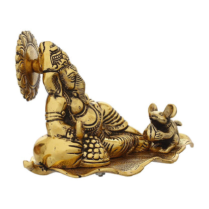 Golden Metal Lord Ganesha Statue Sitting On a Leaf with Mouse | Ganesha Idol for Home Decor Car Dashboard | Ganpati Murti Gift for Diwali Housewarming