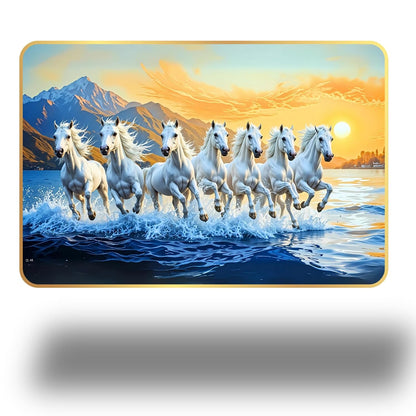 7 Running Horses MDF Wall Art 12x18 Inch | Golden Border Vastu Painting for Home & Office Décor | Modern Elegant Wall Hanging Frame for Living Room, Bedroom (Design 2)