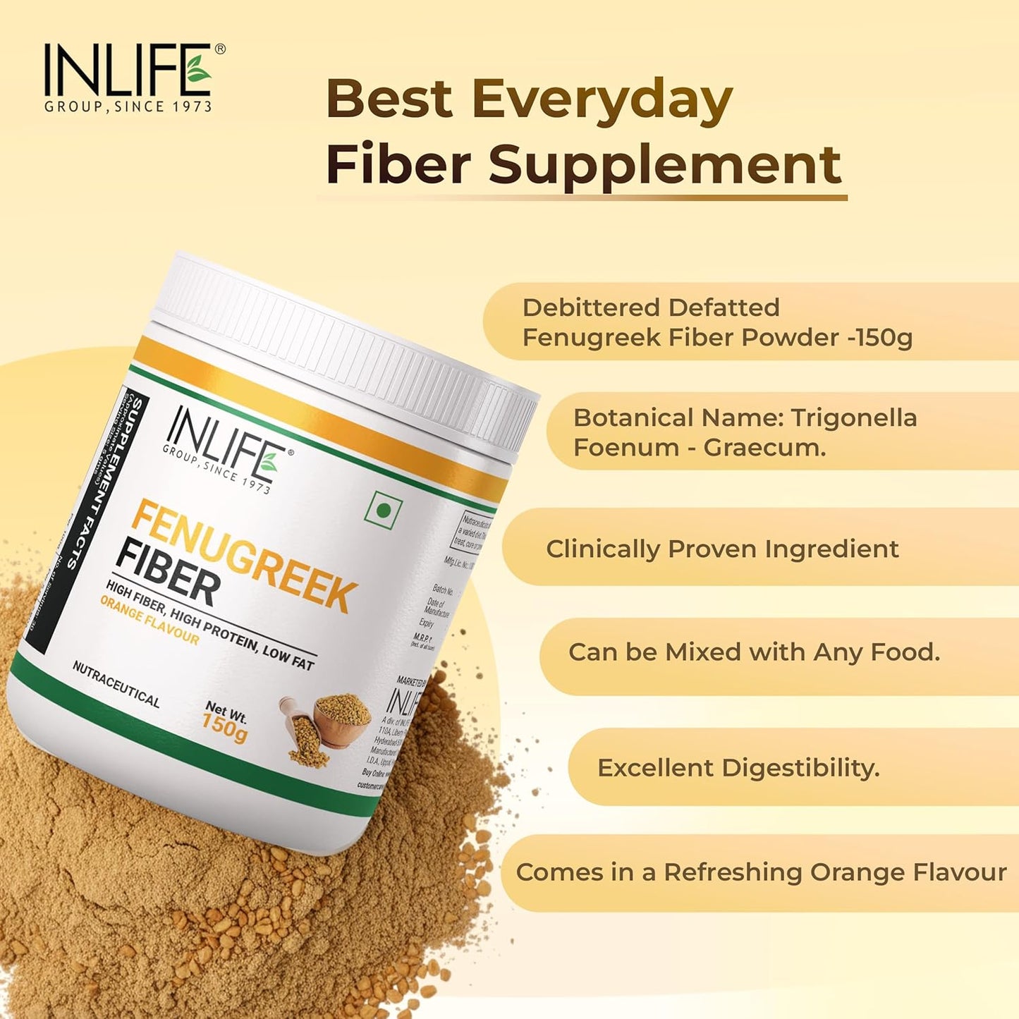 INLIFE Fenugreek Fibre Supplement | Gut Cleanse Detox & Digestive Health Powder | High Fiber & Protein | Weight Management, Manages Sugar, Bloating, Constipation & Acidity, 150g (Orange)