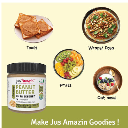 Jus' Amazin Creamy Organic Peanut Butter - Unsweetened | 31% Protein | Single Ingredient - 100% Organic Peanuts (no added Sugar/Salt) | Dairy Free | Keto | Clean Nutrition