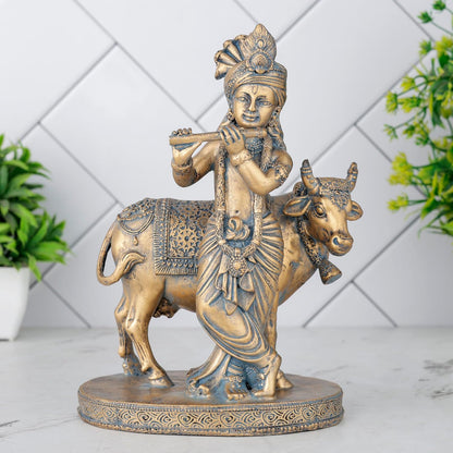 Krishna Cow Idol Statue Showpiece for Pooja Home Decor Items for Living Room and Gifts-A_GOL_BLU-KRN5