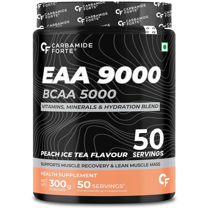 Carbamide Forte Eaa Supplement with Bcaa 5000Mg | Eaa intra workout Supplement for Men & Women with Hydration Blend & Vitamins – Peach Iced Tea Flavour - 50 Servings - Powder 300G
