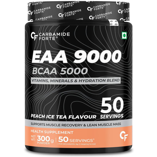 Carbamide Forte Eaa Supplement with Bcaa 5000Mg | Eaa intra workout Supplement for Men & Women with Hydration Blend & Vitamins – Peach Iced Tea Flavour - 50 Servings - Powder 300G