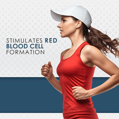 Woman in red tank top and white cap running, with text about stimulating red blood cell formation.