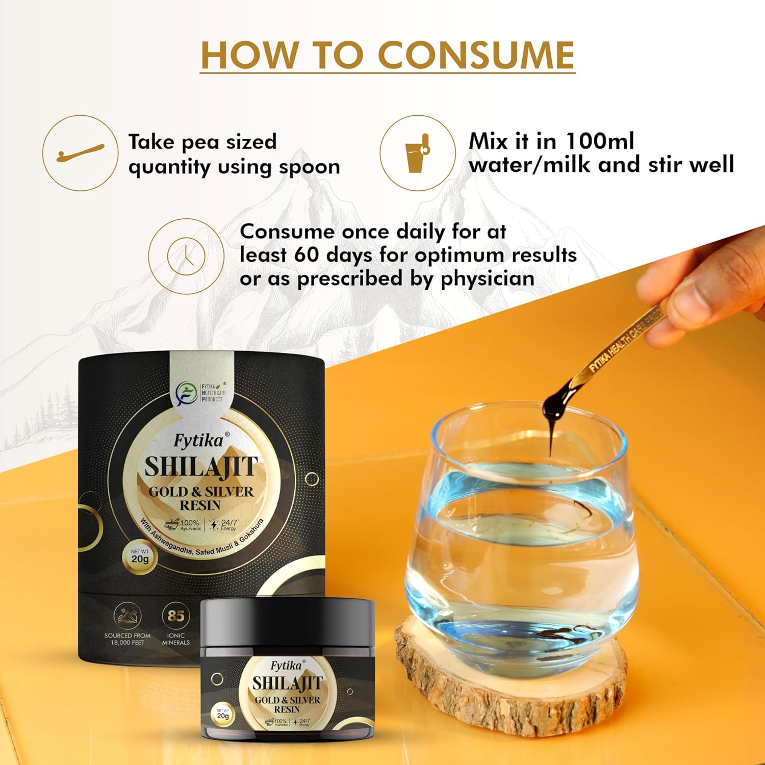 Fytika Shilajit Gold & Silver resin packaging with usage instructions on a yellow background