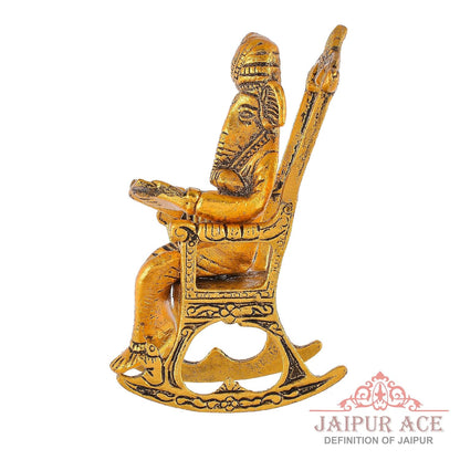 Lord Ganesha Reading Ramayana Statue Hindu God Ganesh Ganpati Sitting on Chair Idol Sculpture Good Luck & Success Home Office Gifts Decor Golden Brass Metal