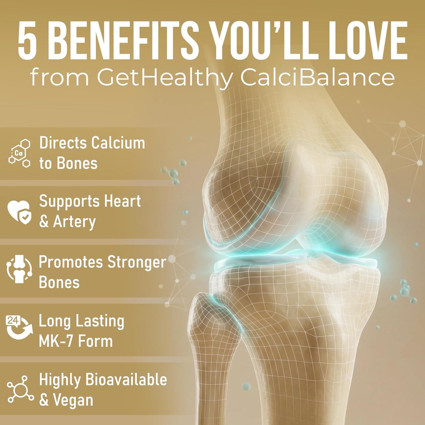 Advertisement for GetHealthy CalciBalance with a knee illustration and benefits listed.