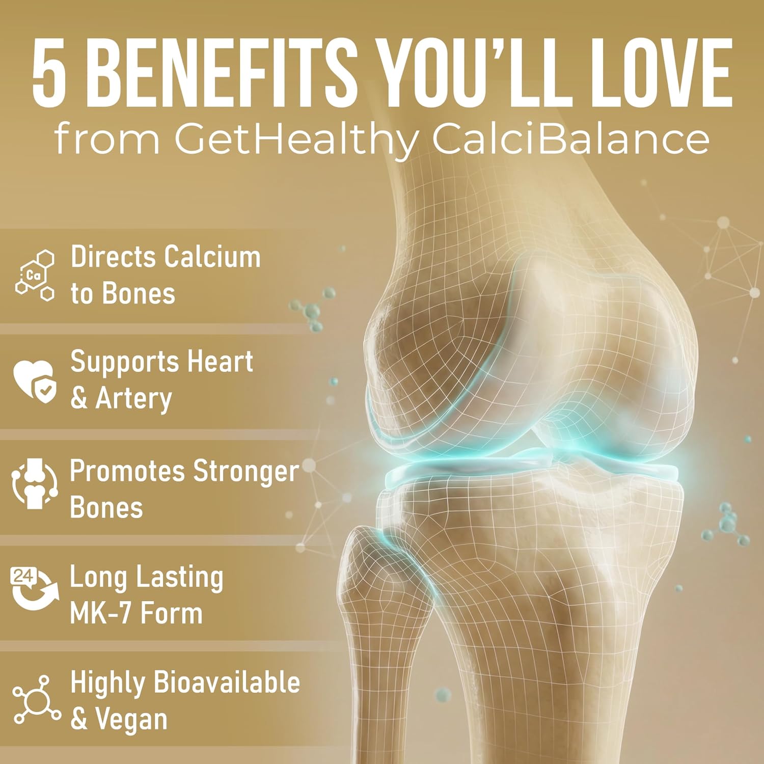 Advertisement for GetHealthy CalciBalance with a knee illustration and benefits listed.