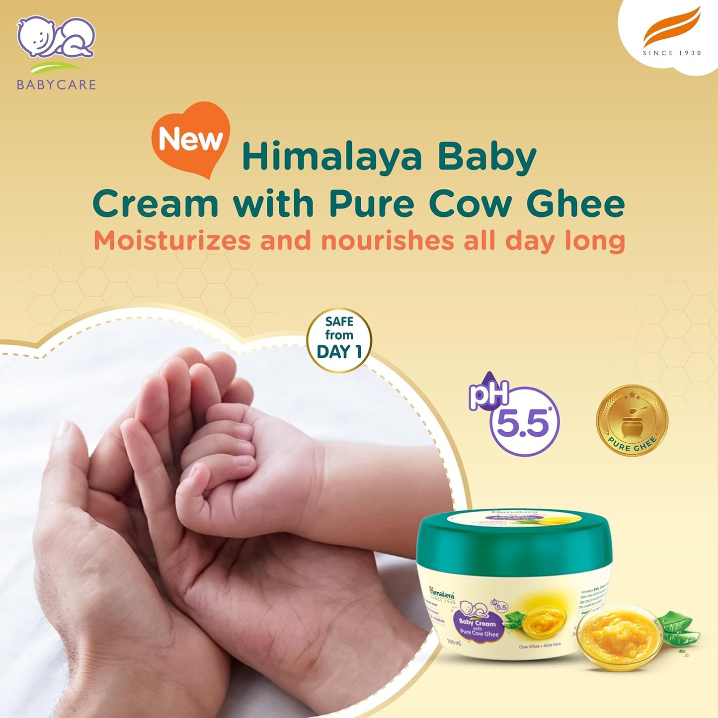 Himalaya Baby Cream with Pure Cow Ghee packaging on a beige background with hands holding a baby's foot.