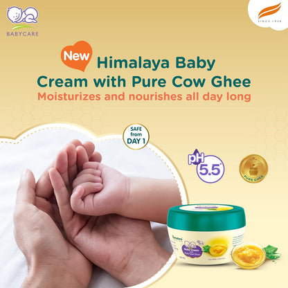 Himalaya Baby Cream with Pure Cow Ghee packaging on a beige background with hands holding a baby's foot.