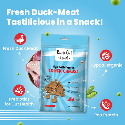 BARK OUT LOUD - Fresh Duck Meat Soft Chews,Dogs & Cats Treats| Grain-Free Hypoallergenic|Low-Fat,High in Fish,& Pea Protein|Prebiotics & Vitamins,Minerals Snacks - 100 gm,All Life Stages,granule