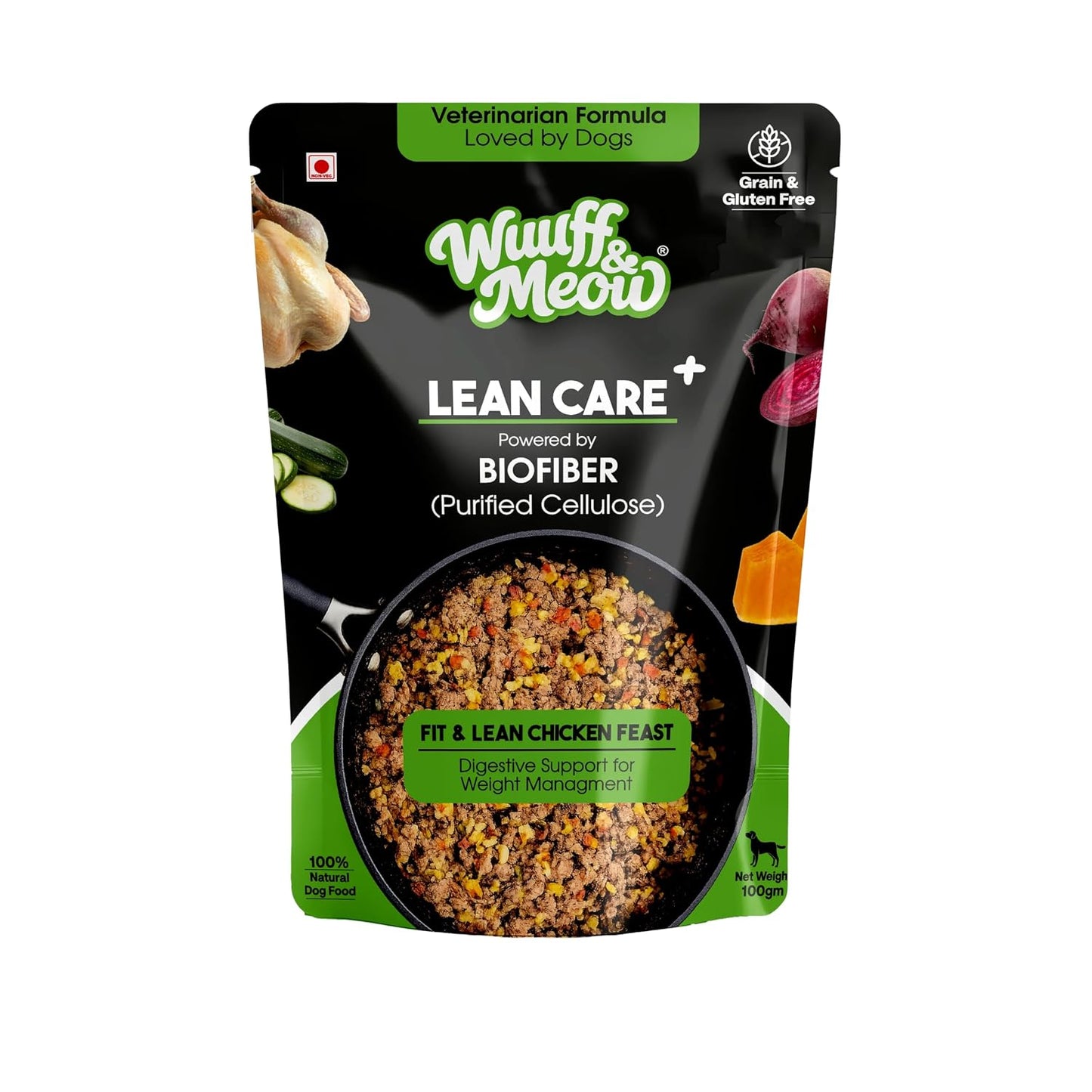 Wuuff & Meow Lean Care+ Gently Cooked Wet Dog Food | High Protein, Grain Free | Powered by BIOFIBER™ with Arbocel® Purified Cellulose | Fresh & Functional Food | (100 g (Pack of 1))