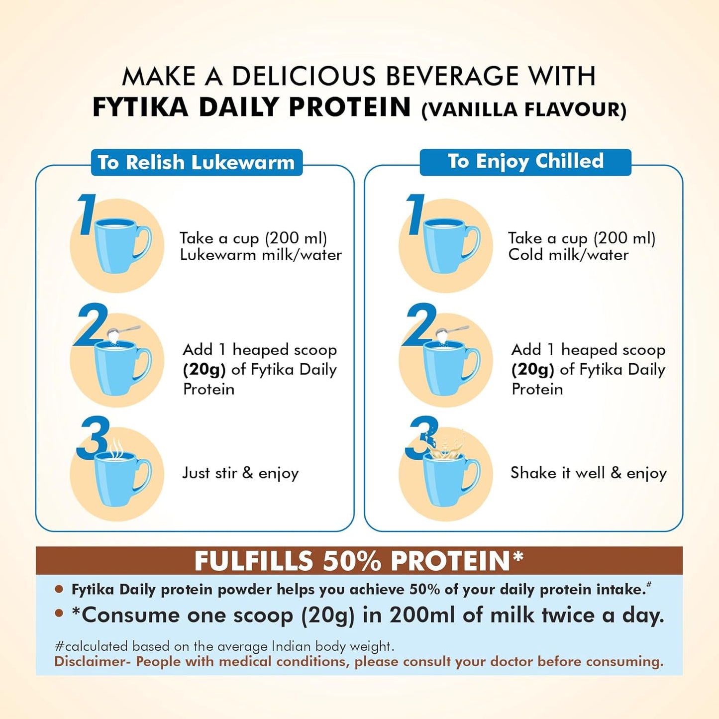 Instructions for making a protein beverage with Fytika Daily Protein in vanilla flavor.