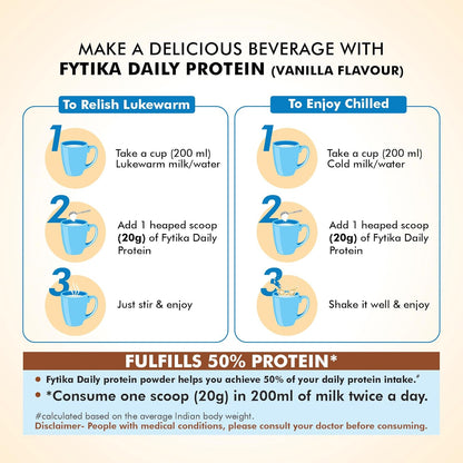 Instructions for making a protein beverage with Fytika Daily Protein in vanilla flavor.