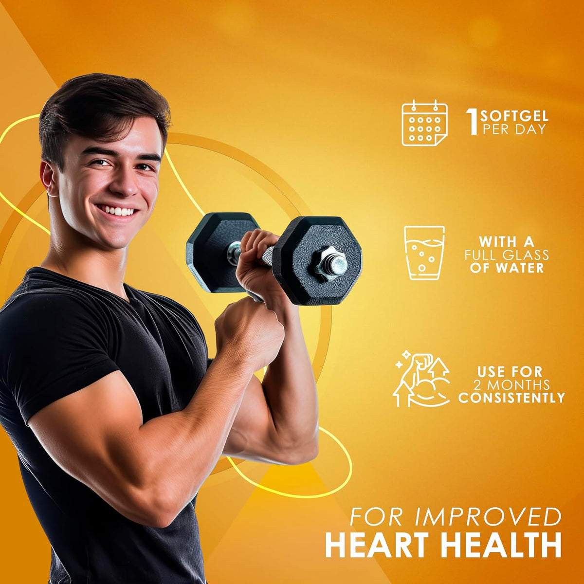Man lifting a dumbbell with health supplement information on a yellow background