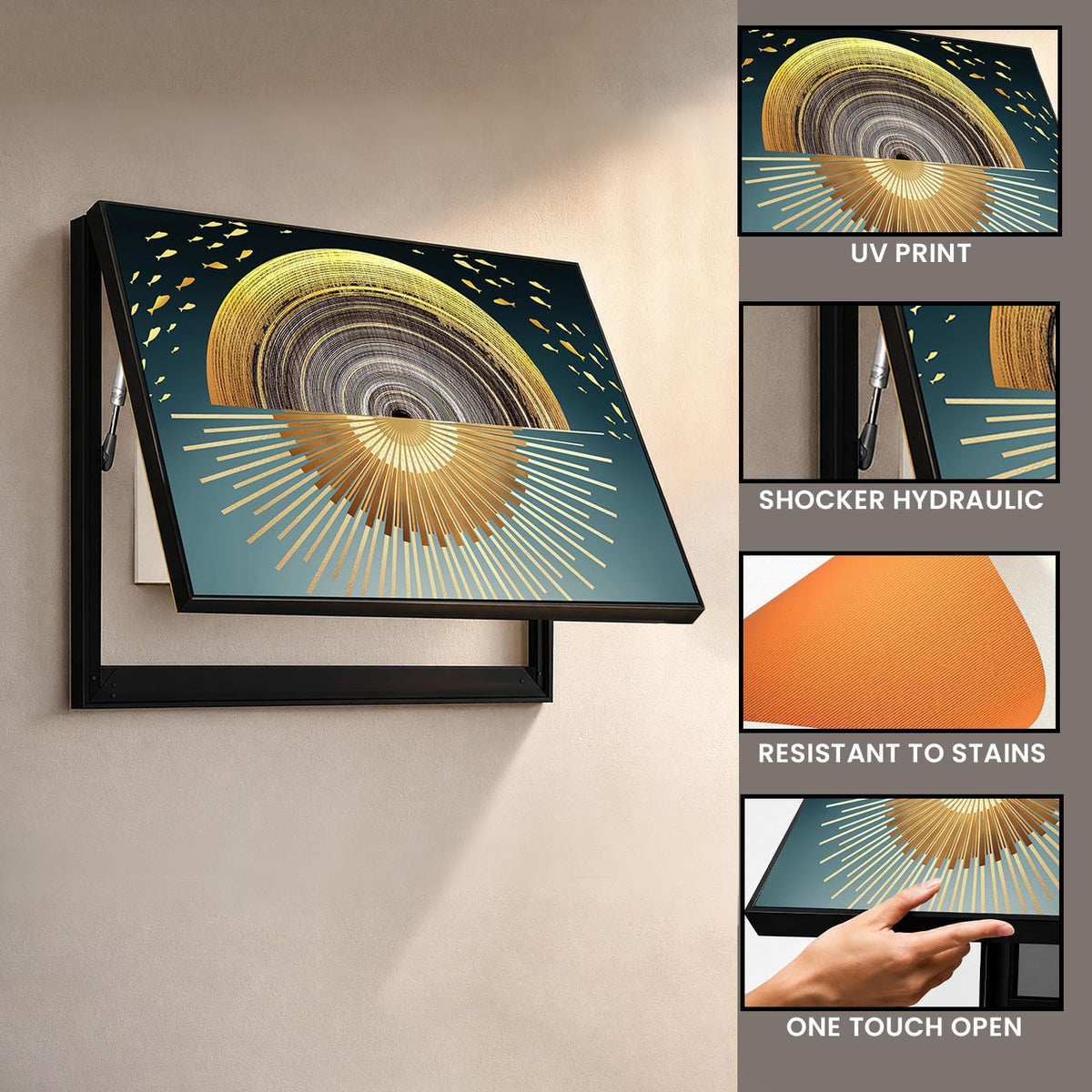 Electric MCB Box Cover Frame With Hydraulic Decorative Painting Gold Sun Painting Electrical Panel box Cover, Switch Box Frame Will Fit Max 10x14 inch Switch Board, Outer Size 13X17 Inch