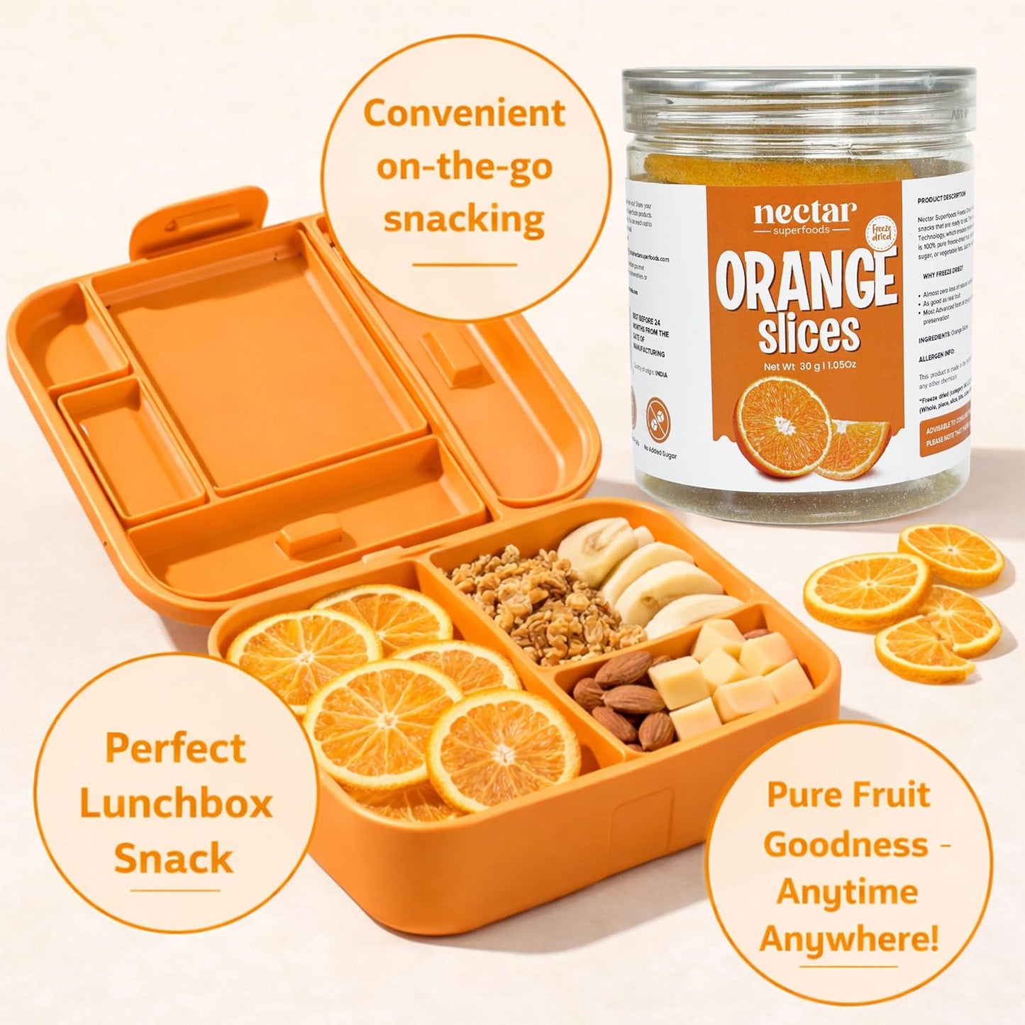 Freeze Dried Orange Slices – 30g Jar Pack of 1 | 100% Natural Crispy Fruit Snack | No Added Sugar | Healthy & Lightweight |