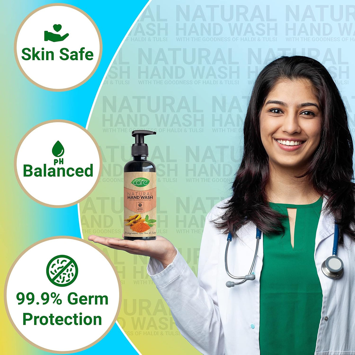 Zerodor Care Natural Hand Wash Liquid | 400ML | (Halid & Tulsi Extracts) Skin Friendly | Natural,Plant Based | Non toxic |