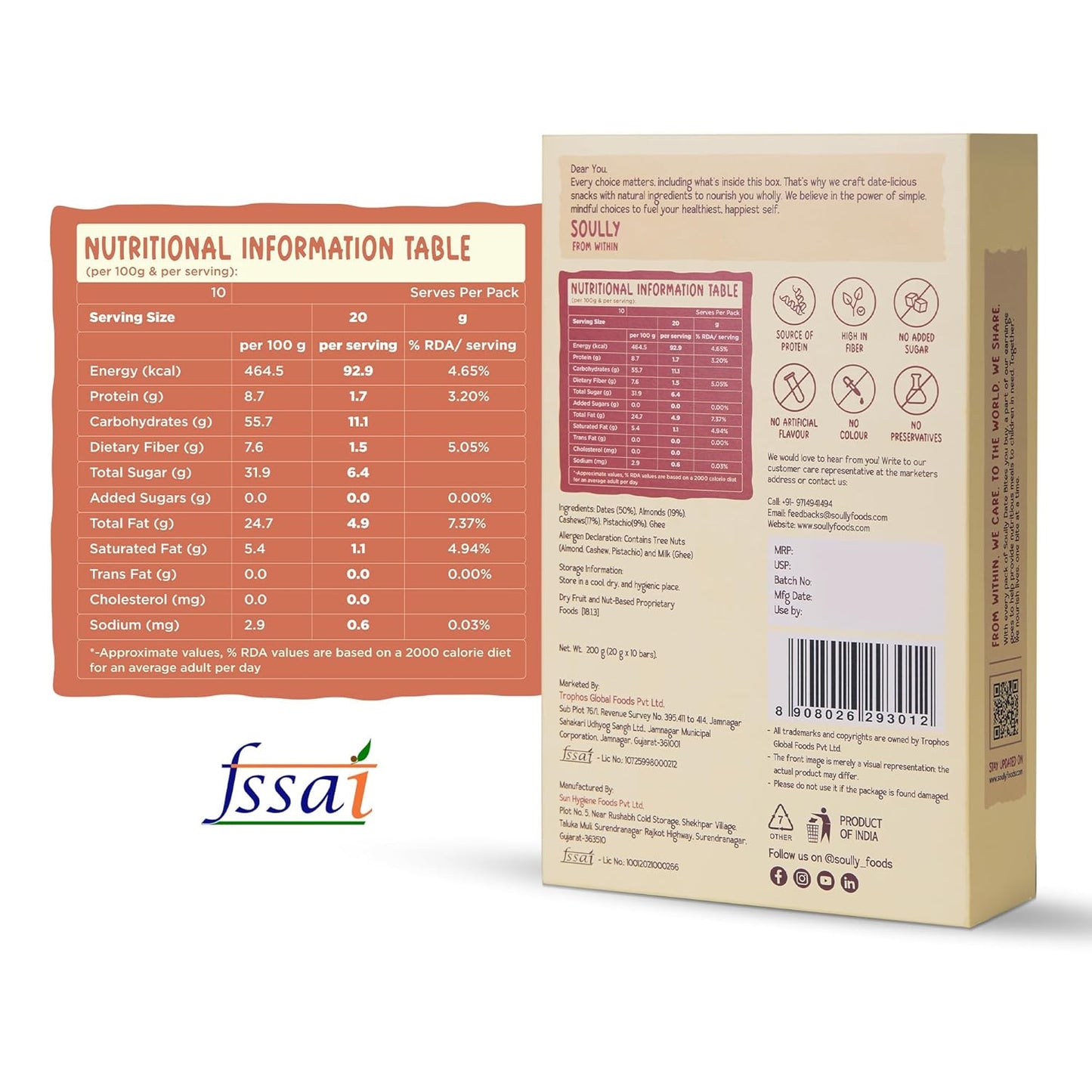 SOULLY Nature's Classic Date & Nut Mini Energy Bars 200g (10 Bars x 20g), Whole Dates, Almonds, Cashews, Pistachios & Cow Ghee, 93 Calories Per Bar, No Added Sugar, No Preservatives