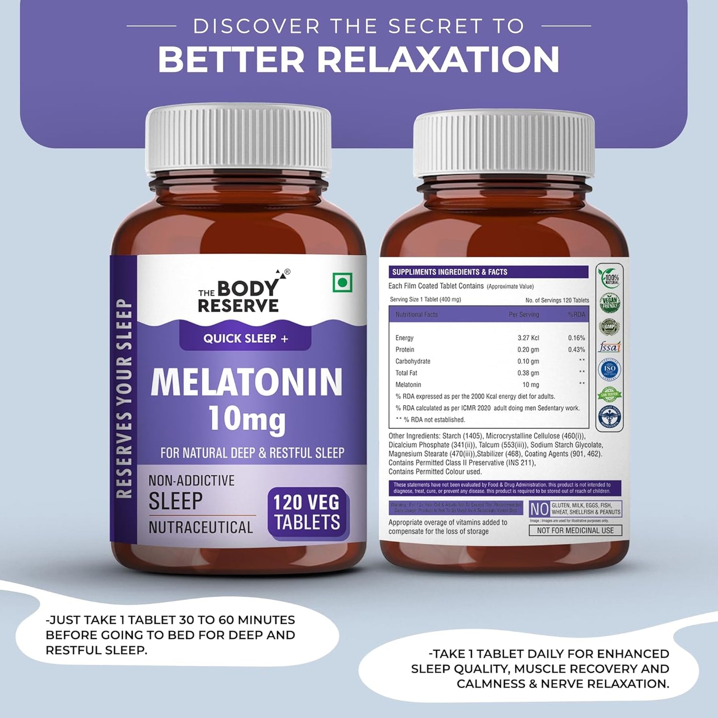 Two bottles of The Body Reserve Melatonin supplement on a light blue background with promotional text.