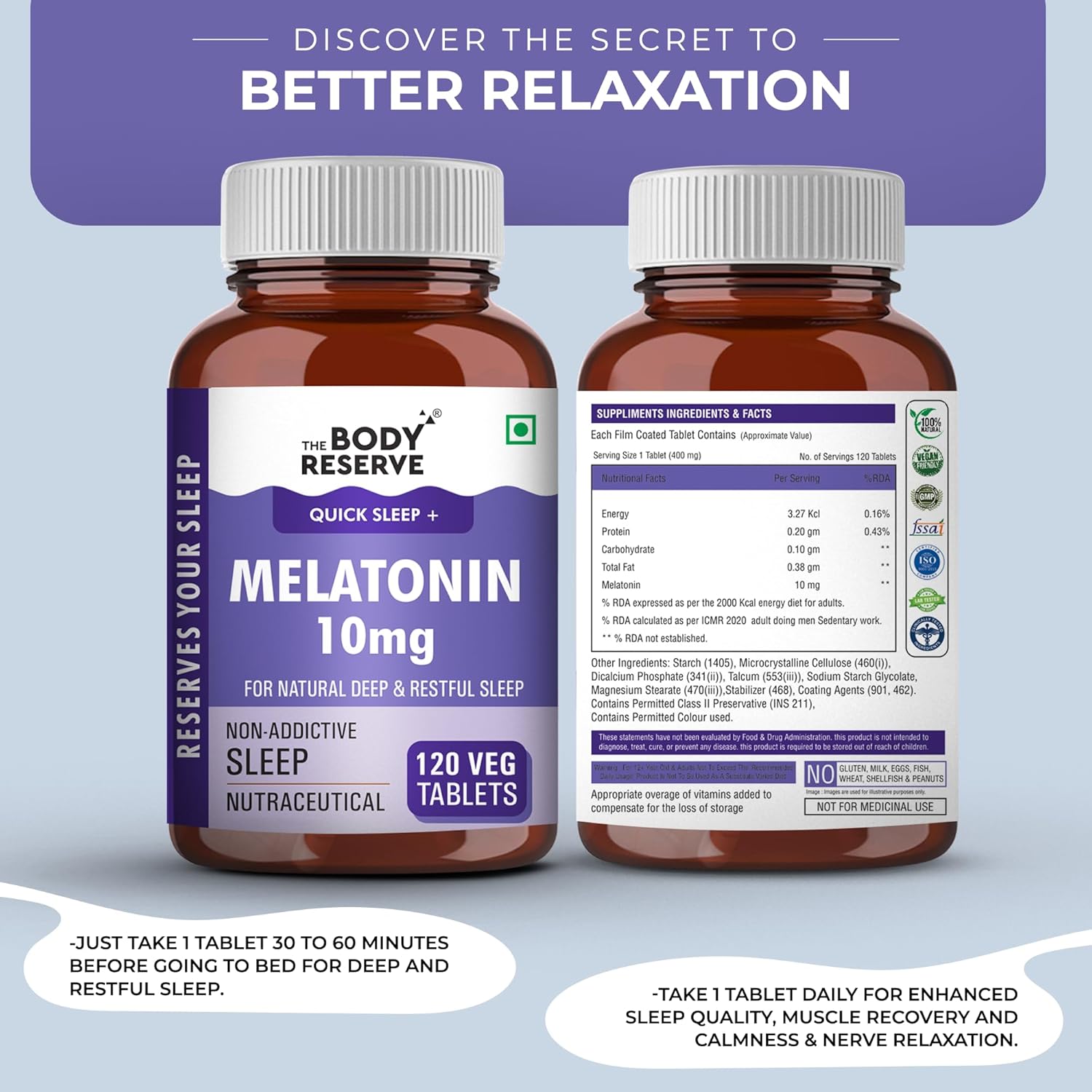 Two bottles of The Body Reserve Melatonin supplement on a light blue background with promotional text.